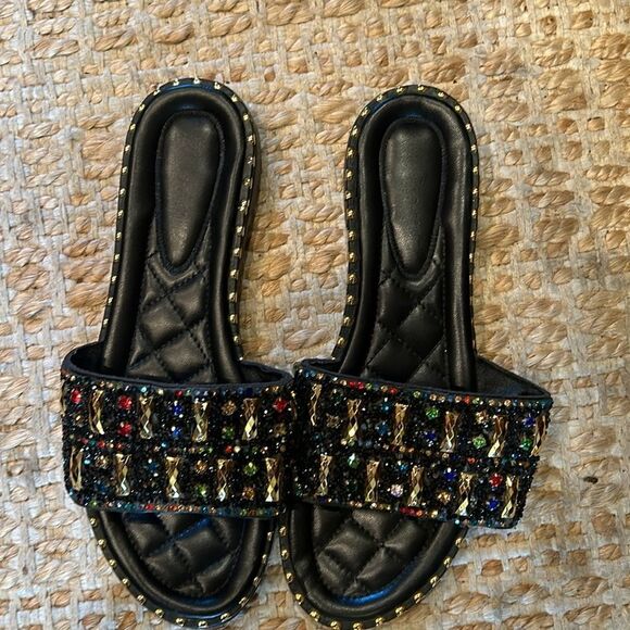 Black and Gold Studded Women's Slides - Picture 4 of 6